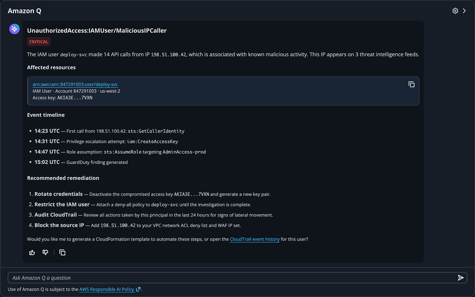 Amazon Q chat interface showing the GuardDuty Security Extension responding to a customer question about critical security alerts, with three active findings displayed as structured cards with severity badges