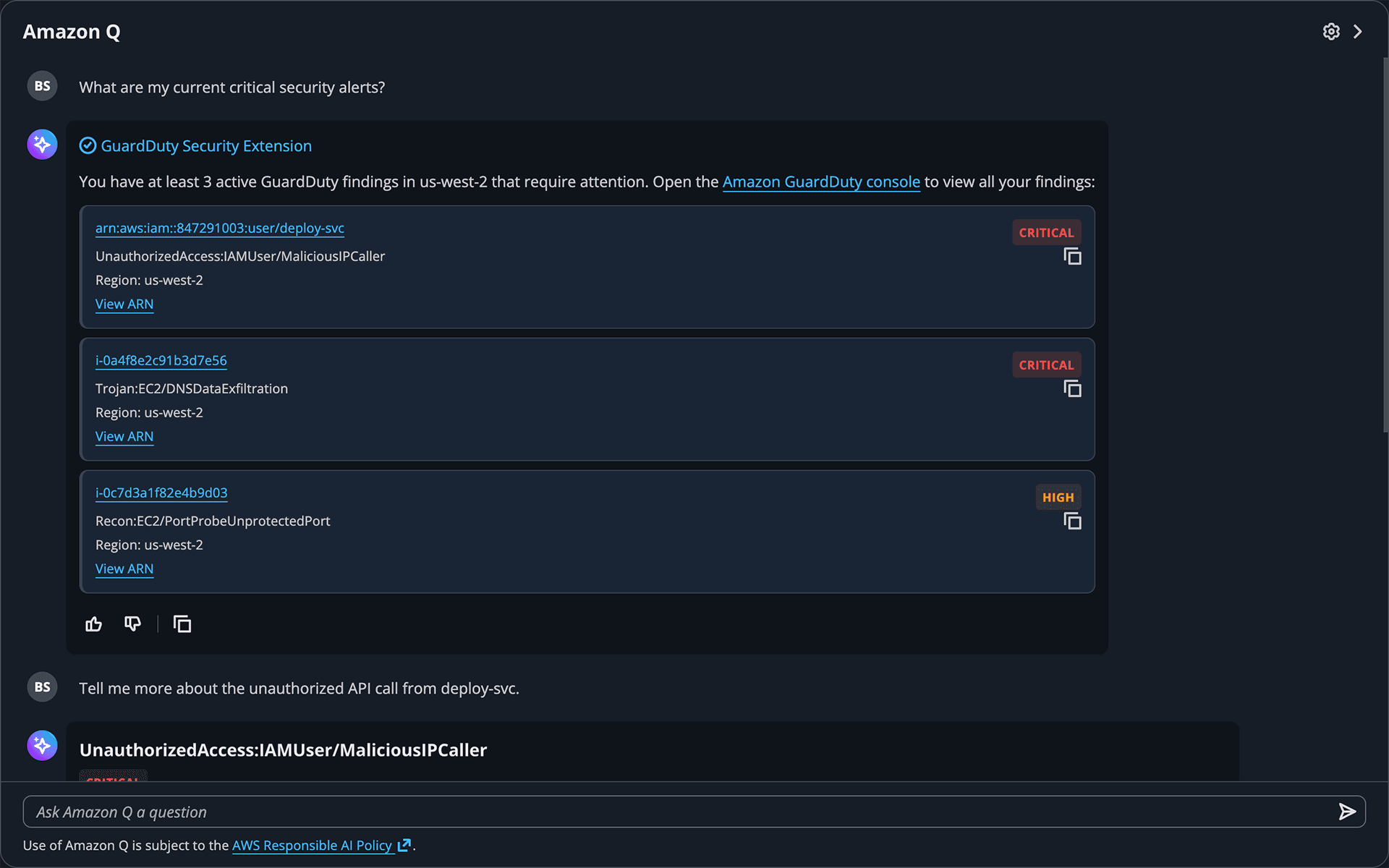 Detailed finding card showing a critical UnauthorizedAccess finding with affected resources, event timeline, and four specific remediation steps including credential rotation and CloudTrail audit